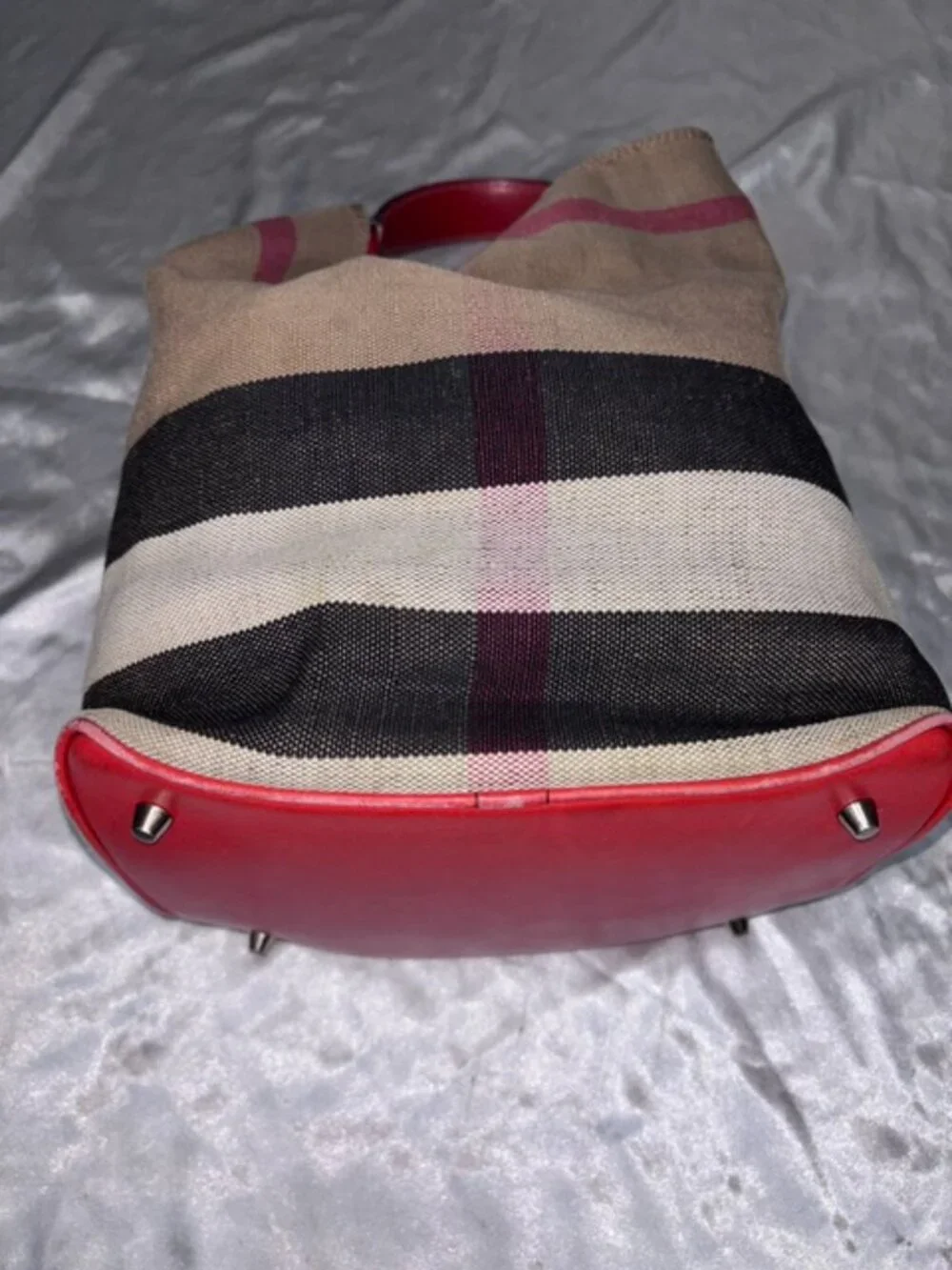 Burberry Ashby Check Canvas Bucket Bag Red Leather SHW + Pouch & Strap